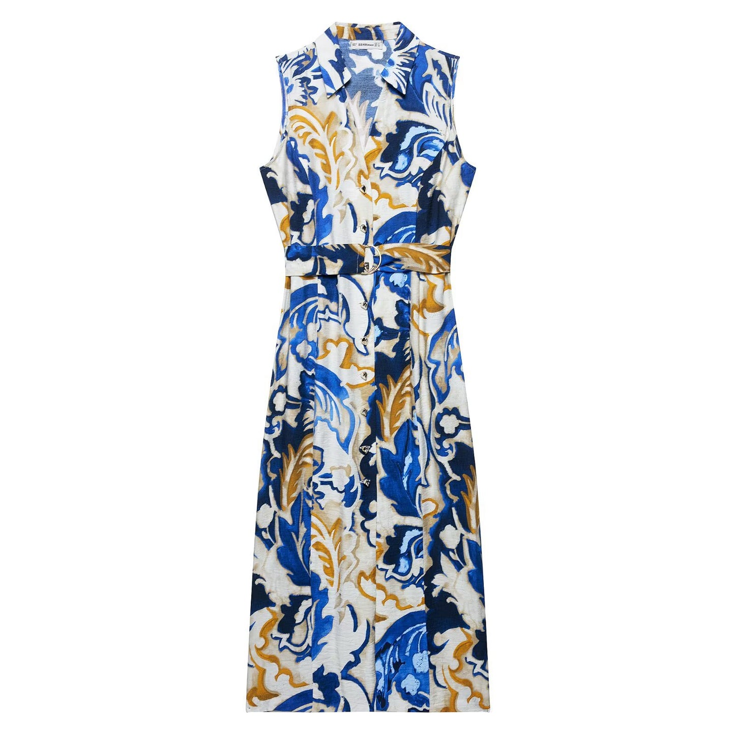 V-neck cuffless waistband printed MIDI dress for women