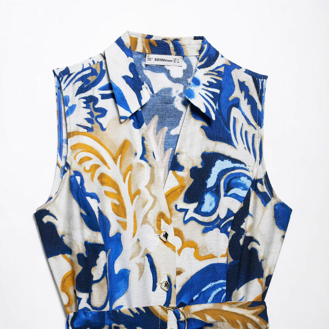 V-neck cuffless waistband printed MIDI dress for women