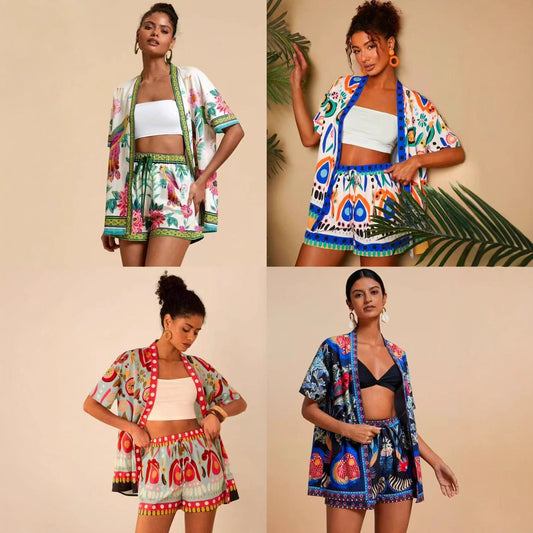 Women's European and American summer fashion casual printed cardigan short sleeved shorts set